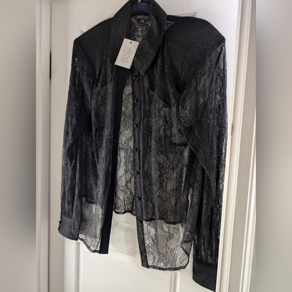 Eloquii Black Lace Sheer Shirt With Shoulder Pads